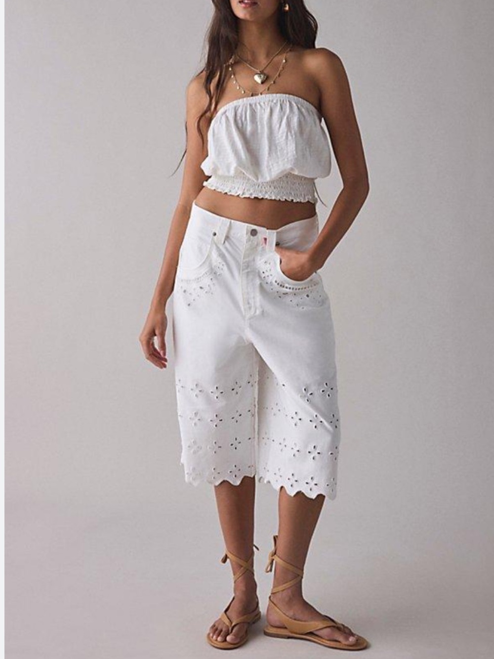 BDG Astrid Eyelet Denim Jorts with Scalloped Hem 32